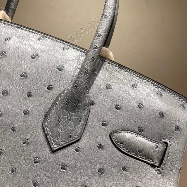 Hermes女包 愛馬仕Birkin30cm Hermes鉑金包 Ostrich鴕鳥皮 全手縫蠟線 19 Mousse慕斯灰  am1894